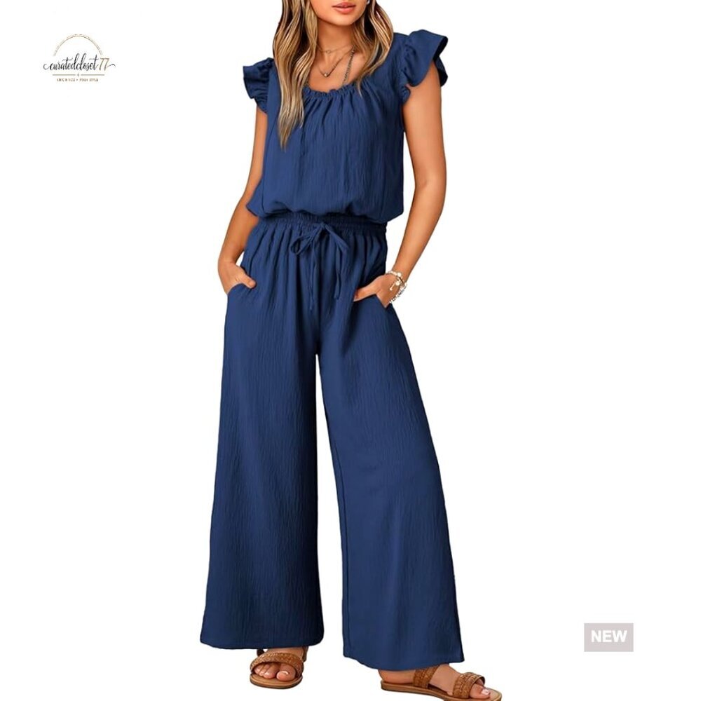 Summer Jumpsuit with Ruffle Sleeves Square Neck Drawstring Waist Pockets